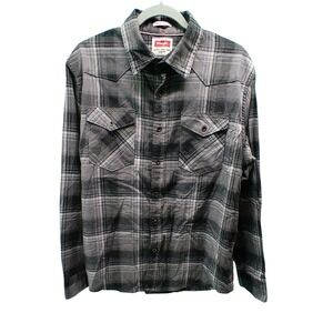 Wrangler Mens Flex for Comfort Western Plaid Button Down Shirt Grey Black Large